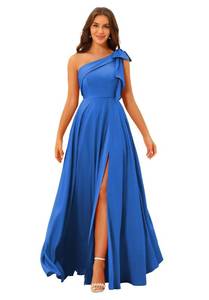 lot 13724 image: BITALY Womenfts One Shoulder Prom Dress with Bow Long Satin Pleated A Line Ocean Blue Bridesmaid Dresses with Slit for Wedding 4