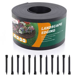 lot 13725 image: Black Plastic Garden Landscape Edging, 5� Tall Border Coil, Flexible and Strengthened with Anti-UV Treatment (20ft with 6pcs Stakes)