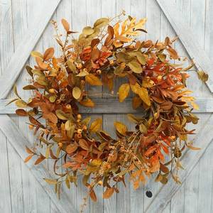 lot 13730 image: AMF0RESJ Artificial Fall Wreath for Front Door Autumn Wreath with Bright Oak Leaves,Small Pumpkin,Berry Branches,Mixed Leaves for Farmhouse Indoor Outdoor Window Wall Door Decor