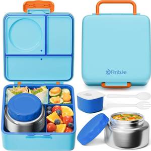 lot 13762 image: Fimibuke Bento Box for Kids Adult, BPA Free and Leakproof Toddler Lunch Box with 8.5oz Insulated Food Jar, Utensils and Sauce Jar, Dishwasher Safe 3 or 4 Compartment Container for School Girl Boy