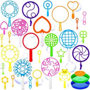 lot 13765 image: Lenwen 32 Pcs Giant Bubble Wands Kit Big Maker Toy Large Gigantic Bubble Wands with Refill and Tray for Summer School Birthday Outdoor Fun Activity Party Favors