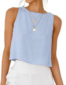 lot 14143 image: IDEALSANXUN Linen Tank Top for Women 2026 Spring Summer Beach High Neck Cute Y2k Petite Cropped Sleeveless Shirts Blouses Crop Cotton Linen Tops, Light Blue, L