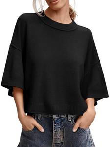 lot 14146 image: Saodimallsu Womens Short Sleeve Sweater Summer Oversized Cropped Sweaters Casual Crewneck Lightweight Knit Tops Black size medium