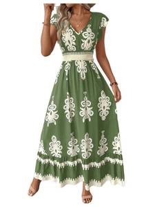 lot 14187 image: Floerns Womenfts Tribal Cap Sleeve A Line Dress V Neck Flounce Hem Vacation Maxi Dresses Green Large