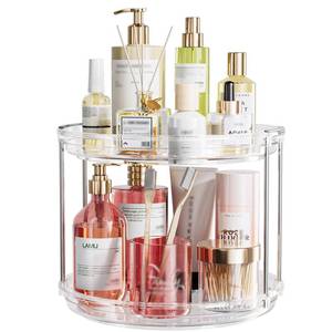lot 15809 image: LAMU 10.6in Rotating Makeup Organizer for Vanity, 2 Tier Lazy Susan Turntable Stackable Spinning Skincare Organizer Cosmetic Perfume Tray for Bathroom Counter, Large Capacity, Clear