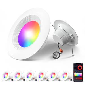 lot 15815 image: Amico 6 Pack 56 Inch Smart WiFi LED Recessed Can Lights, RGBCW Color Changing Retrofit Recessed Lighting, Baffle Trim, APP Control, Dimmer Compatible, 12W110W 1100LM, IC and ETL
