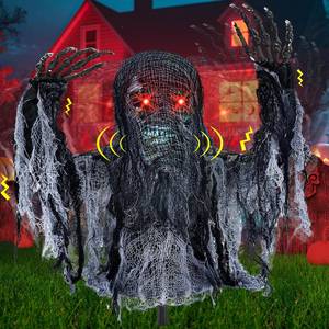 lot 15820 image: Rotates and Swings Motion  Talking Zombie Groundbreaker Halloween Animatronic with Sound Activation-Creepy Sound Light Up Red Eyes Skeleton Groundbreaker Animated Decorations Outdoor Haunted House