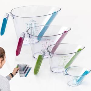 lot 17290 image: KPKitchen 4-Piece Angled Liquid Measuring Cups Plastic Set - BPA-Free Mini Oz, 1, 2 and 4 Plastic Measuring Cup Sizes - Measuring Cups For Liquids with ML and Cups Measures - Small and Large Measure Cup