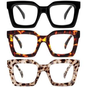 lot 18162 image: REAVEE 3 Pack Oprah Style Oversized Reading Glasses for Women Men, Blue Light Blocking Computer Thick Frame stylish Square Readers with Spring Hinge((BlackTortoiseBrown Tortoise, 1.5)