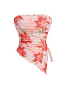 lot 18171 image: WDIRARA Womenfts Floral Mesh Strapless Side Ruched Tube Top Asymmetrical Hem Bandeau Crop Tops Red Large