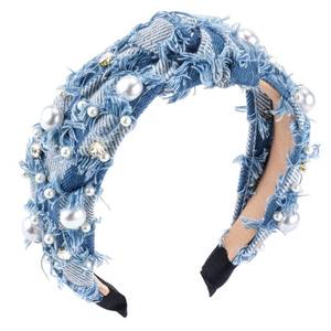 lot 18186 image: PLwelth Denim Headband Pearl Knotted Hairband for Women Girls Cute Sparkle Diamond Headband Non Slip Embellished Wide Top Knot Hairband for Thin Thick Long Curly Hair Accessories Party Decoration