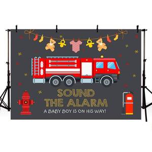 lot 18192 image: MEHOFOND Fire Truck Boy Baby Shower Photo Backdrop Firetruck Sound The Alarm Firefighter Little Fireman Red and Black Party Decorations Photography Background Banner for Dessert Table Supplies 7x5ft