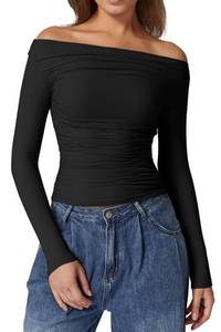 lot 18208 image: QINSEN Off Shoulder Crop Tops for Women Long Sleeve Ruched Detail Tees Double Lined Cropped Shirts Black L