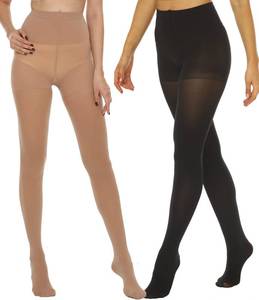 lot 18209 image: MANZI 2 Pairs Womenfts Opaque Control Top Tights Comfort Stretch 70 Denier Pantyhose Black Suntan Large