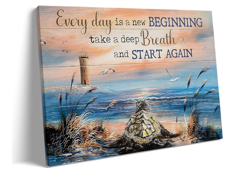 lot 9441 image: Inspirational Canvas Wall Art, Every Day is a New Beginning Motivational Quote Print, Seaside View with Turtle and Lighthouse, Framed Picture Print Wall Art for Living Room and Office 16 x 23�� - Retail $0