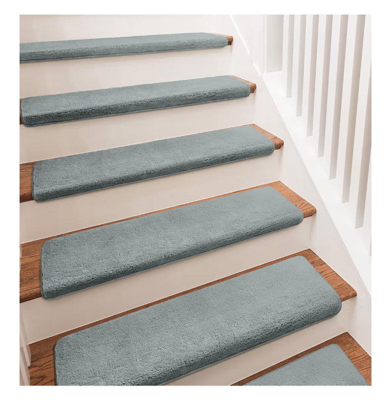 lot 9655 image: PURE ERA Carpet Stair Treads Ultra Plush 9.5 X 30 Bullnose Indoor Greenish Gray Non-Slip, Pet-Friendly, Stair Protectors, Soft, Skid Resistant, Washable, Reusable, Tape Free, 14 Pieces - Retail $0