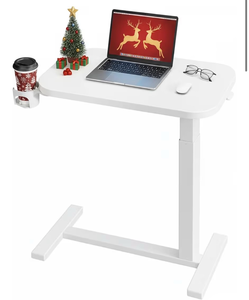 lot 982 image: HUANUO 28Inch Bedside Table with Wheels, Height-Adjustable Rolling Computer Cart, Overbed Table with Cup Holder, Pneumatic Laptop Standing Desk for Home Office, White