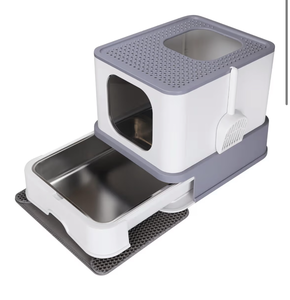 lot 991 image: RIZZARI Stainless Steel Cat Box Enclosed Design with High Walls - Light Gray - Teflon Non-Stick Coating - Large Anti Leakage Litter Pan for Odor Control for Living Room Garage