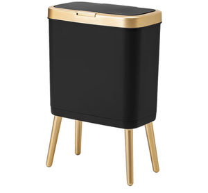 lot 1019 image: Procade Office Trash Can with Lid, Black Bathroom Trash Can with Gold Edge, Modern Narrow Garbage Can with Legs, Slim Plastic Trash Bin for Bedroom, Living Room,Kitchen,Toilet, 4 Gallon