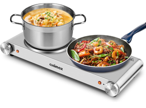 lot 1028 image: CUSIMAX Hot Plate, Electric Double Burner, 1800W Cast Iron Countertop Cooktop, Portable for Cooking, Compatible for All Cookwares, Easy Clean, Upgraded Version (very bent)