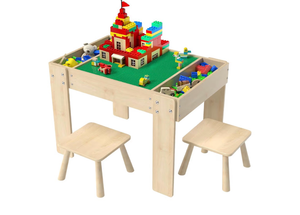 lot 1032 image: Building Blocks Table with Storage for Kids, Wooden Table Fits Lego Bricks for Toddlers Ages 3, Kids Activity Play Desk with 2 Chairs, 31.29X 22.44X 19.69