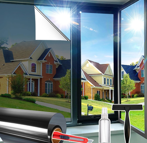 lot 1041 image: Window Privacy Film See Out Not in, One Way Privacy Window Film, Removable Window Tint for Home, Reflective Static Cling Window Film Heat Blocking, Black Silver, 47.2 X 78.7 inch