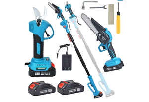 lot 1048 image: 4-in-1 Cordless Pole saw Pruning Set, Electric Pruning Shears & 6 Inch pole saws for tree trimming with 8ft Max Extension Pole, Two 20V 2.0Ah Batteries, Electric Pole Saw Tree Trimming Kit