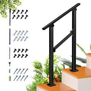 lot 1056 image: 2 Step Handrail for Outdoor Step,Metal Porch Stair Railing 2 Steps Handrails Black Wrought Iron Handrail kit for Concrete, Porch Steps