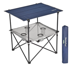 lot 1064 image: SUNNYFEEL Folding Camping Table- Collapsible Portable Beach Table with 4 Cup Holders & Carry Bags, Tailgate Table for Outdoor Excursion Picnic Hiking Fishing Travel Parties, Blue