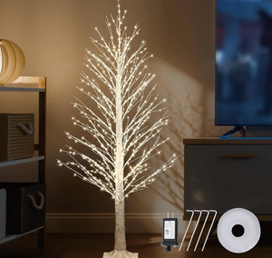 lot 1072 image: 6FT Christmas Birch Tree 700 LED Warm White Lights with Twinkle, LED Lighted Tree for Indoor Outdoor Home Party Decor