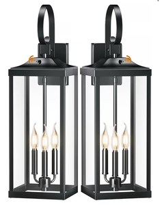 lot 1084 image: 24 Extra Large Dusk to Dawn Light Fixture 3-Light, Black Outdoor Porch Lantern Wall Mounted, Waterproof Modern Outside Wall Sconce Coach Lamp for House, E12