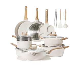 lot 1087 image: CAROTE 21Pcs Pots and Pans Set, Nonstick Cookware Sets, White Granite Induction Cookware Non Stick Cooking Set wFrying Pans & Saucepans(PFOS, PFOA Free)