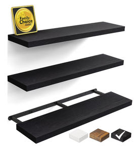 lot 1090 image: BAYKA Floating Shelves for Wall, 36 inches Long Wall Mounted Rustic Wood Shelves for Bathroom, Bedroom, Living Room, for BookStorageDecor with 30lbs Capacity - Black,Set of 3