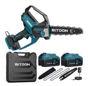 lot 1092 image: BITOON (yellow) 8-Inch Mini Chainsaw with 2PCS 3.0Ah Battery and Charger, Auto-Oiler, Brushless Cordless 8-Inch and 6-Inch 2-in-1 Pruning Chain Saw, Portable Electric Chainsaw for Cutting Wood, Branches Blue (oil leaked inside, but everything looks new)