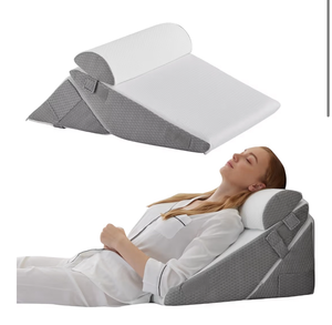 lot 1095 image: Bedluxe Wedge Pillow Headboard, 2piece(missing small half circle pillow) Orthopedic Bed Wedge Pillows Set for After Surgery, Adjustable Pillow Wedge for Acid Reflux&Back Pain Relief, Sleeping, Back Pillow for Bed Sitting Up, WhiteGrey
