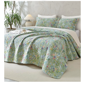 lot 1100 image: Lady Ann 100% Cotton Floral Oversized Queen Quilt Set - Green Flower Bird Butterfly Pattern Print Quilted 102x118 Bedspread & Coverlet Set, 3 PCS Lightweight Extra Soft Queen Bedding Sets All Season