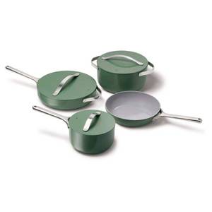 lot 1105 image: Caraway Home 12pc Cookware Box Set Sage Nonstick Ceramic, Stainless Steel Handles, Induction Compatible, Pot Lid Organizer