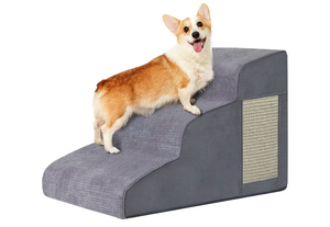 lot 1138 image: Pet Stairs, Dog Stairs for Small Dogs, Dogs Steps, 3-Step Curved Dog Ramp for Bed, Couch, Sofa, Car and Chairs, Non-Slip Bottom Design, Cat Scratching Board, High Density Foam Portable Pet Step, Grey