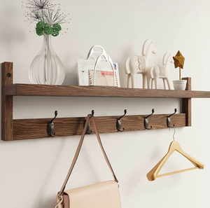 lot 1146 image: AMBIRD 28.9 Inch Length Shelf with Hooks Entryway Coat Rack Wall Mount Wood Coat Hooks with Shelf Wall-Mounted Coat Hook Rack with 5 Dual Hooks for Bathroom, Living Room, Bedroom (Brown)