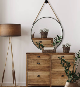 lot 1159 image: POZINO Round Hanging Mirror, Circle Wall Mirror with Rope, 20 Inch Farmhouse Mirrors for Bathroom Bedroom Living Room Entryway Home Decor, Grey