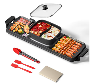 lot 1160 image: AORAN Smokeless Electric Hot Pot & Grill Combo, Large 9.5x29 Non-Stick Design, 3 Adjustable Heat Levels, Easy to Clean��Includes Brushes, Tongs & Paper
