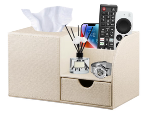 lot 1169 image: Nightstand Organizer with Tissue Holder,PU Leather Square Tissue Box Cover,Modern Facial Paper Organizer Storage Box for Remote Control,Bathroom,Vanity Countertop,End Table Home Office.Beige