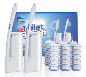 lot 1170 image: Disposable Toilet Brush Cleaning System, Two Sets of Wands and 60p Refills Pads Replacement Heads, Wall Mounted Toliet Stick Wand Starter Kit Bathroom Maintenance, Toilet Bowl Cleaner Holder