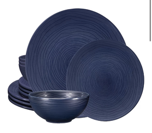 lot 1176 image: Bzyoo 12 Piece Melamine Dinnerware Set - Durable, Dishwasher Safe, Organica Navy Blue Plates and Bowls Sets Casual Dish Set for Dining, Outdoor and Kitchen
