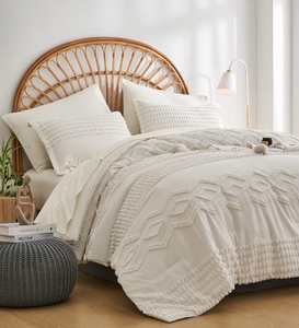lot 1180 image: KAKIJUMN White Comforter Set King Size 7 Piece Soft Microfiber Pom Pom Textured Bed in a Bag, Comforter and Sheet Set, Complete Bedding Set, Tufted, Shabby Chic, Boho, All Season, Bed Set