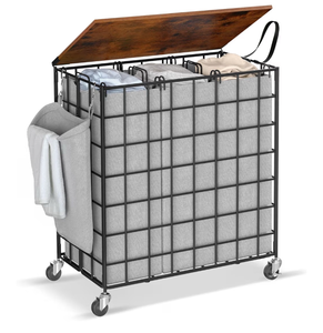 lot 1186 image: Laundry Basket with Wheels, Heavy Duty Laundry Sorter 3 Sections, 140L Large Capacity Laundry Hamper with Wood Lid, 360 Rolling Wheels, Extra Side Pocket, Leather Pull Handle (Grey)