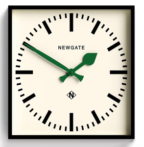 lot 1198 image: NEWGATE Number Five Wall Clock  Square Retro Inspired Modern Station Clock  40cm  Black with Green Hands  Mid Century Style for Kitchen, Living Room or Office