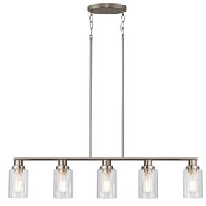 lot 1222 image: KPIOK Kitchen Island Pendant Lighting, 5-Light Farmhouse Dining Room Light Fixture Over Table, Brushed Nickel Finish with Clear Glass Shade, Rustic Industrial Linear Chandelier for Kitchen Island