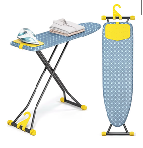 lot 1265 image: KINGBOARD Ironing Board, Compact Iron Board with Silicon Iron Mat, Heat Resistant Cover, 7 Height Adjustable, Foldable Ironing Board Wall Mount Hanger, 13x43 Yellow