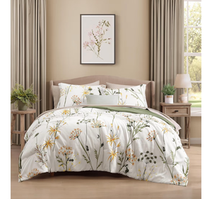 lot 1267 image: CASAAGUSTO Queen Comforter Set 3PCS White & Green Dandelion Plant Flowers Leaves Pattern Seersucker Design 90X90 All Season, Soft, Bedding Set